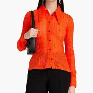 GANNI Textured Seersucker Cloqué Button-Up Blouse Bright Orange Size XS